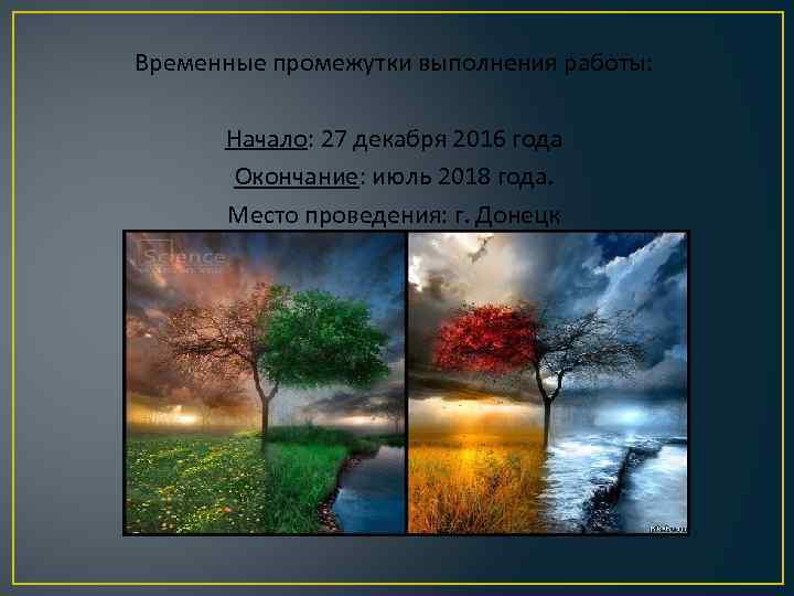 Временные промежутки выполнения работы: Начало: 27 декабря 2016 года Окончание: июль 2018 года. Место