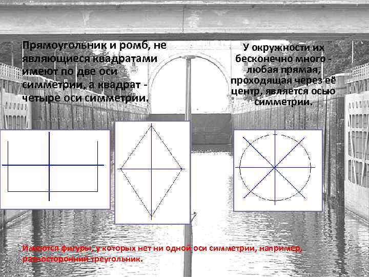 Прямоугольник и ромб, не являющиеся квадратами имеют по две оси симметрии, а квадрат -