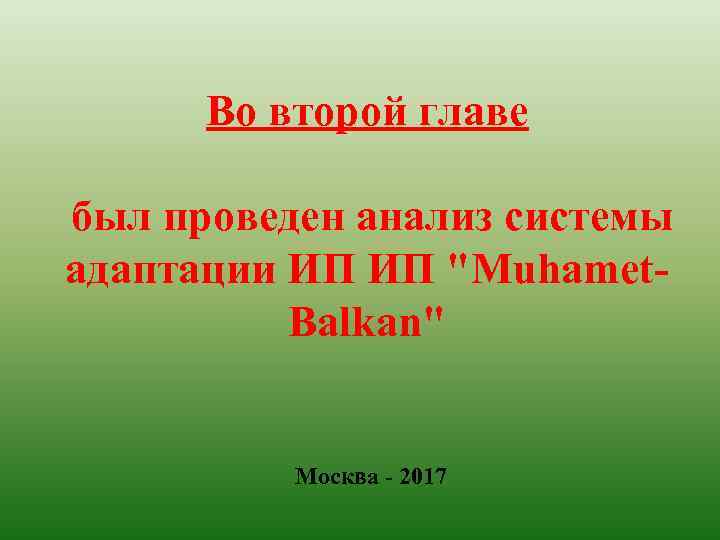 Во второй главе был проведен анализ системы адаптации ИП ИП "Muhamet. Balkan" Москва -