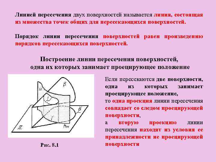 Линией пересечения двух поверхностей называется линия, состоящая из множества точек общих для пересекающихся поверхностей.