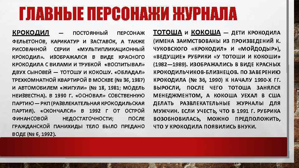 ГЛАВНЫЕ ПЕРСОНАЖИ ЖУРНАЛА КРОКОДИЛ — ПОСТОЯННЫЙ ПЕРСОНАЖ ФЕЛЬЕТОНОВ, КАРИКАТУР И ЗАСТАВОК, А ТАКЖЕ РИСОВАННОЙ