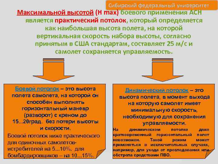 Сибирский федеральный университет Максимальной высотой (Н max) боевого применения АСН является практический потолок, который