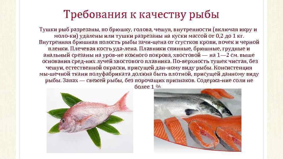 Требования к качеству рыбы Тушки рыб разрезаны, по брюшку, голова, чешуя, внутренности (включая икру
