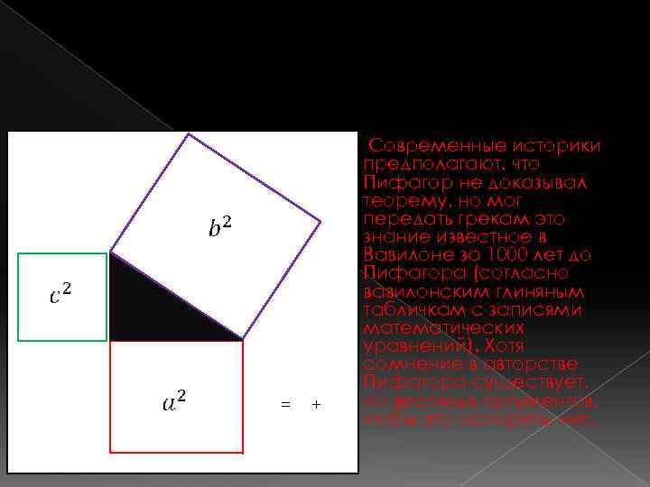  = = + + Современные историки предполагают, что Пифагор не доказывал теорему, но