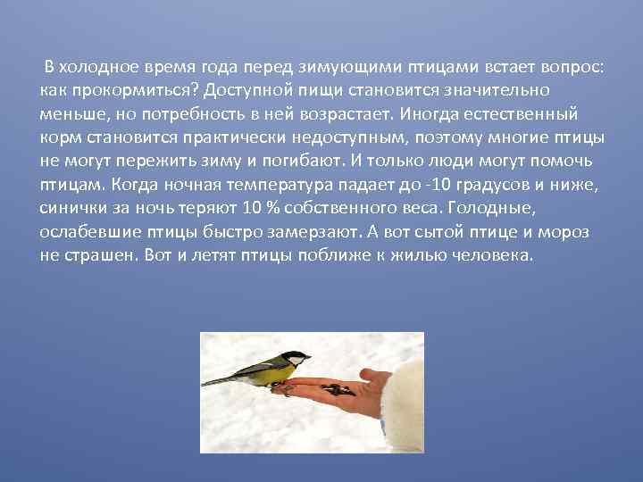  В холодное время года перед зимующими птицами встает вопрос: как прокормиться? Доступной пищи