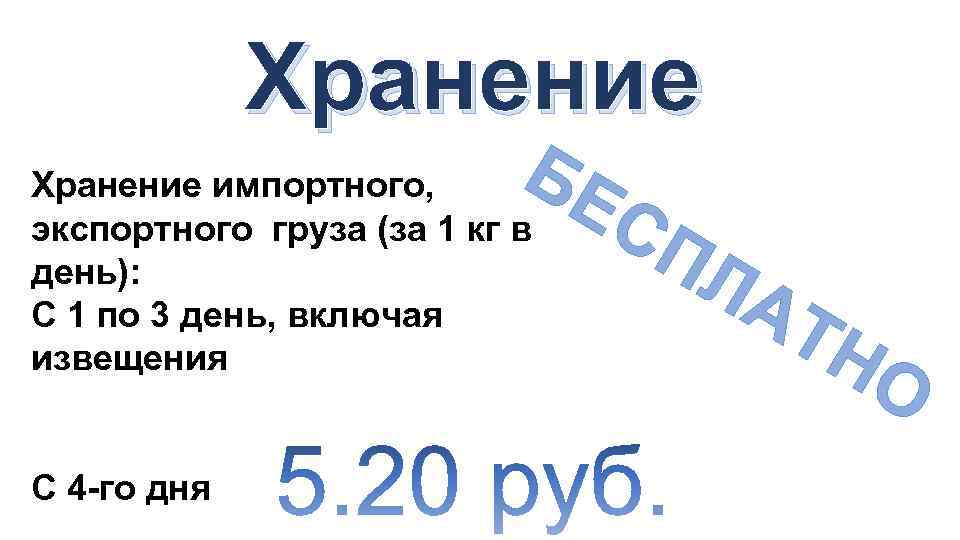 Хранение БЕ Хранение импортного, экспортного груза (за 1 кг в день): С 1 по