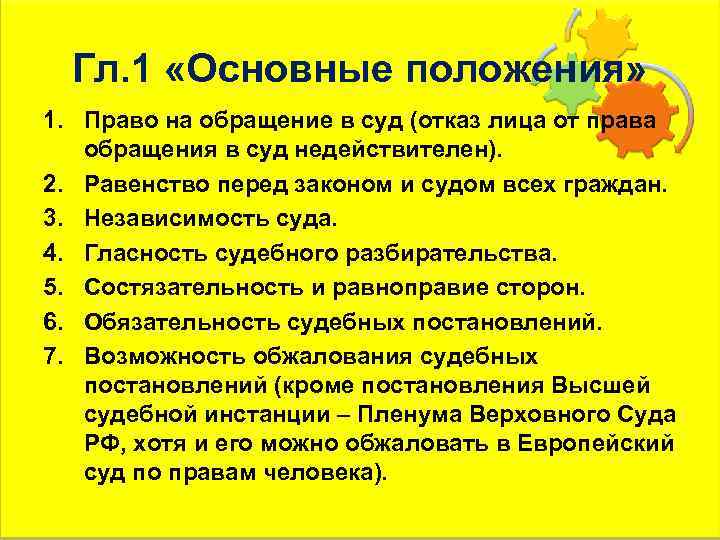 Гл. 1 «Основные положения» 1. Право на обращение в суд (отказ лица от права