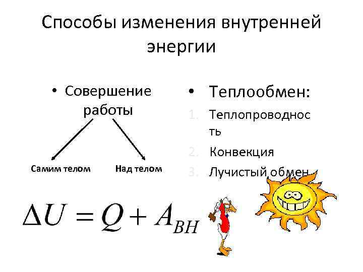 Способы изменения внутренней энергии • Совершение работы Самим телом Над телом • Теплообмен: 1.