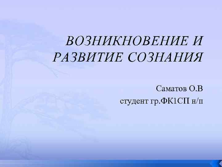 ВОЗНИКНОВЕНИЕ И РАЗВИТИЕ СОЗНАНИЯ Саматов О. В студент гр. ФК 1 СП н/п 