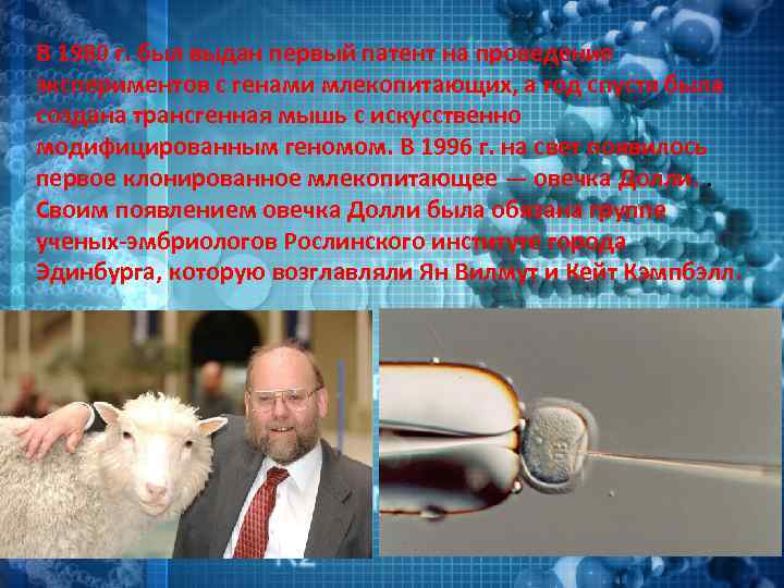 В 1980 г. был выдан первый патент на проведение экспериментов с генами млекопитающих, а