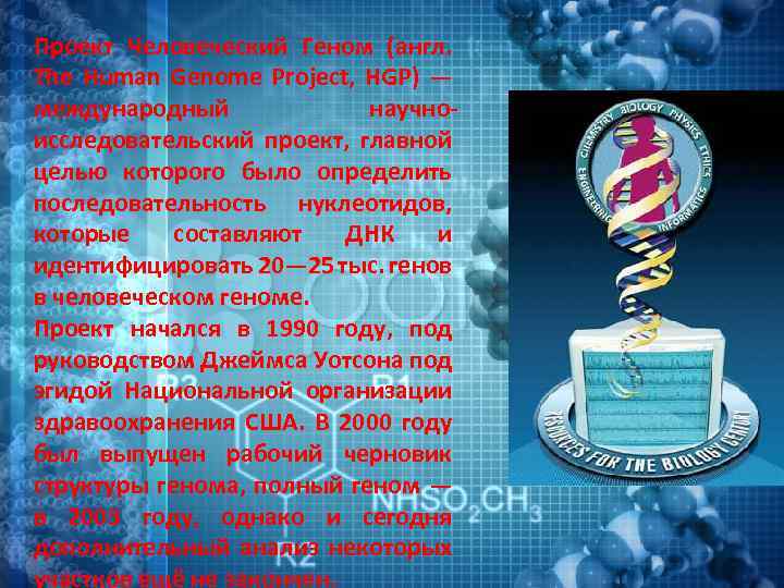 Проект Человеческий Геном (англ. The Human Genome Project, HGP) — международный научноисследовательский проект, главной