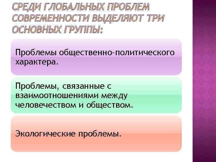 Проблемы общественно-политического характера. Проблемы, связанные с взаимоотношениями между человечеством и обществом. Экологические проблемы. 