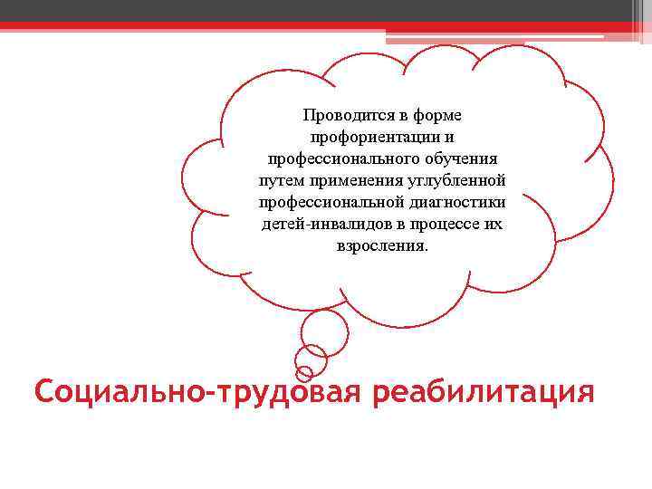 Проводится в форме профориентации и профессионального обучения путем применения углубленной профессиональной диагностики детей-инвалидов в