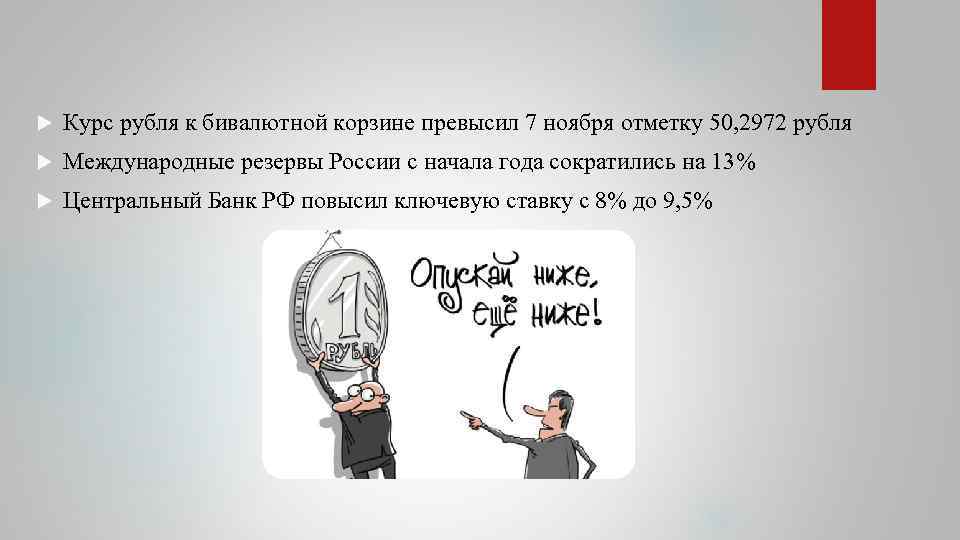  Курс рубля к бивалютной корзине превысил 7 ноября отметку 50, 2972 рубля Международные