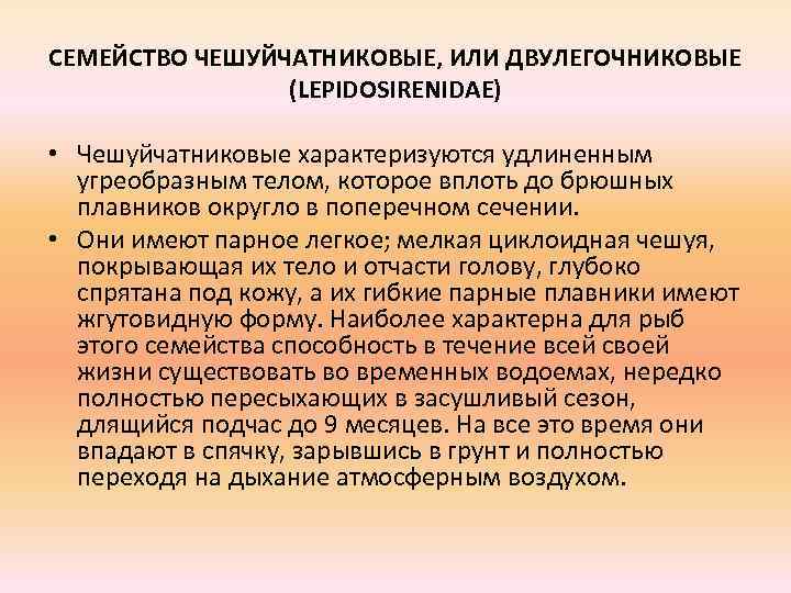 СЕМЕЙСТВО ЧЕШУЙЧАТНИКОВЫЕ, ИЛИ ДВУЛЕГОЧНИКОВЫЕ (LEPIDOSIRENIDAE) • Чешуйчатниковые характеризуются удлиненным угреобразным телом, которое вплоть до