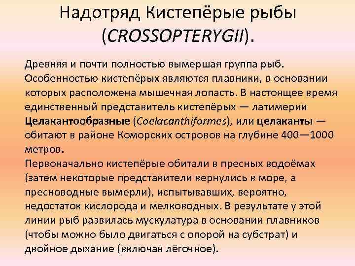 Надотряд Кистепёрые рыбы (CROSSOPTERYGII). Древняя и почти полностью вымершая группа рыб. Особенностью кистепёрых являются