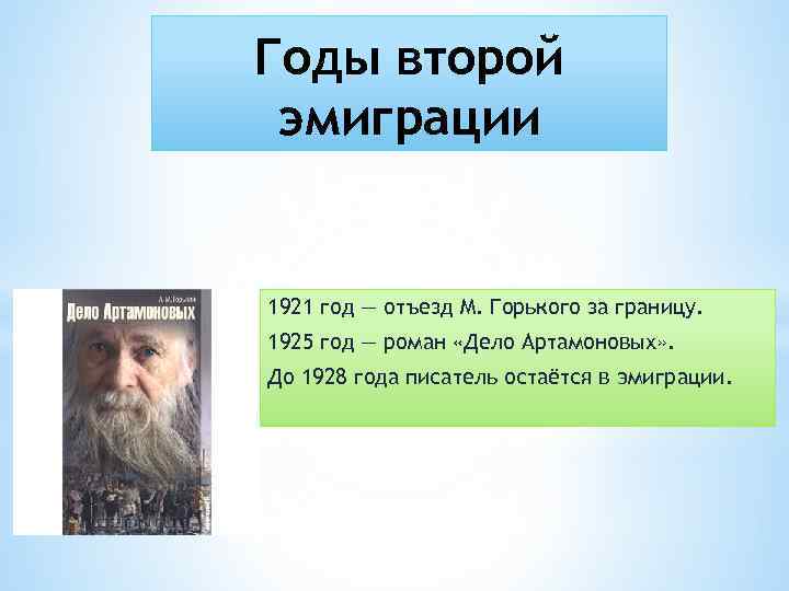 Годы второй эмиграции 1921 год — отъезд M. Горького за границу. 1925 год —