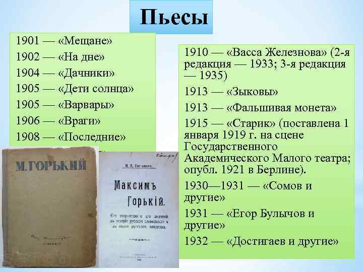 Пьесы 1901 — «Мещане» 1902 — «На дне» 1904 — «Дачники» 1905 — «Дети