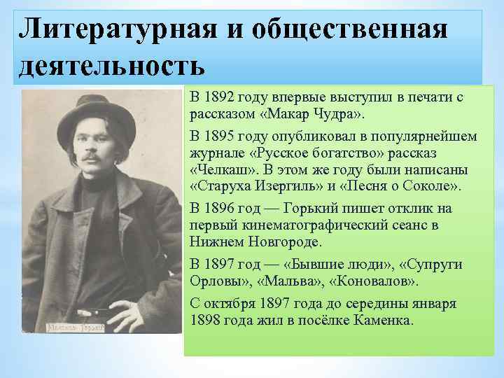 Литературная и общественная деятельность В 1892 году впервые выступил в печати с рассказом «Макар