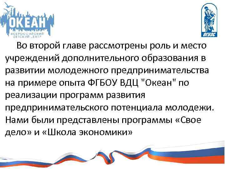Во второй главе рассмотрены роль и место учреждений дополнительного образования в развитии молодежного предпринимательства