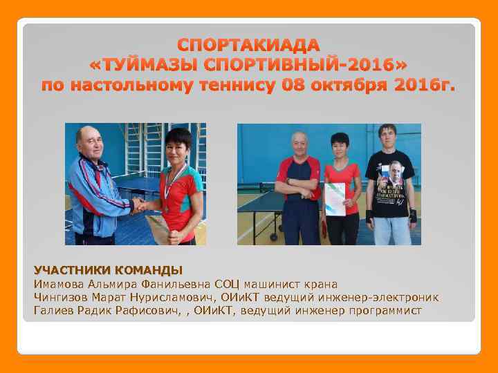 СПОРТАКИАДА «ТУЙМАЗЫ СПОРТИВНЫЙ-2016» по настольному теннису 08 октября 2016 г. УЧАСТНИКИ КОМАНДЫ Имамова Альмира