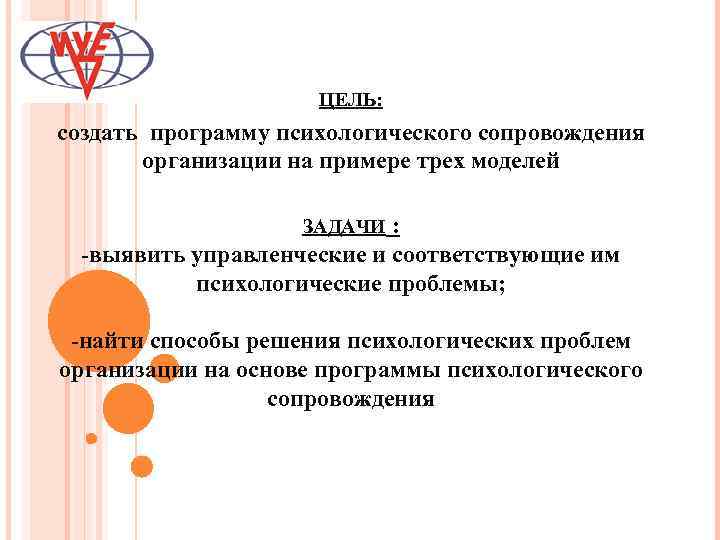 ЦЕЛЬ: создать программу психологического сопровождения организации на примере трех моделей : -выявить управленческие и