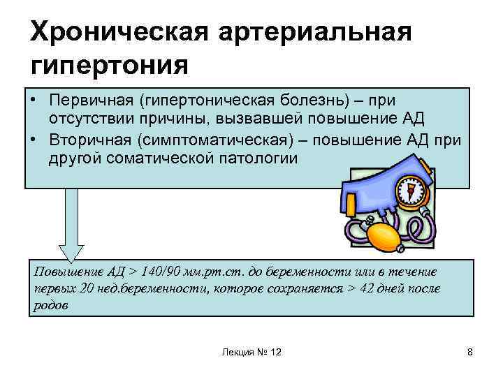 Хроническая артериальная гипертония • Первичная (гипертоническая болезнь) – при отсутствии причины, вызвавшей повышение АД