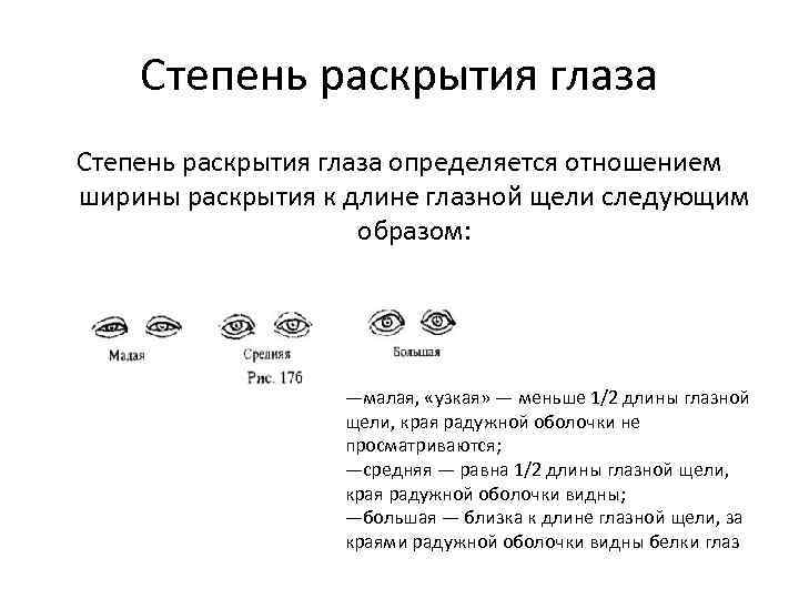 Степень раскрытия глаза определяется отношением ширины раскрытия к длине глазной щели следующим образом: —малая,