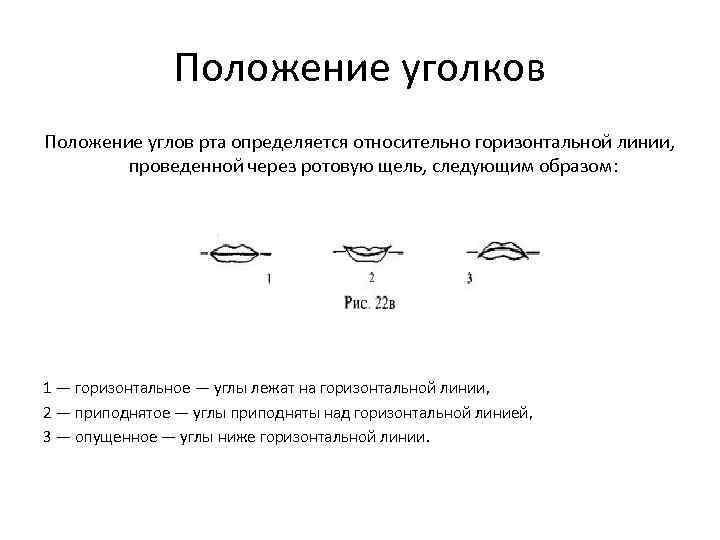 Горизонтальное положение угол. Положение углов рта криминалистика. Контур смыкания губ криминалистика. Высота верхней губы криминалистика. Положение верхней губы криминалистика.