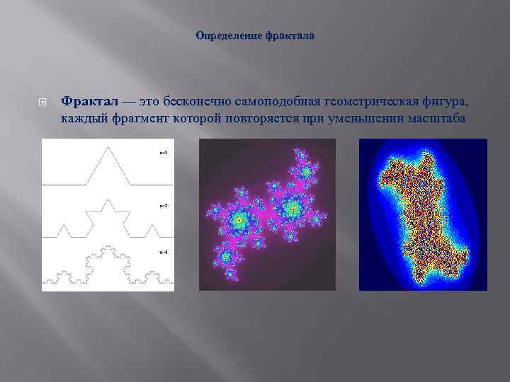 Определение фрактала Фрактал — это бесконечно самоподобная геометрическая фигура, каждый фрагмент которой повторяется при