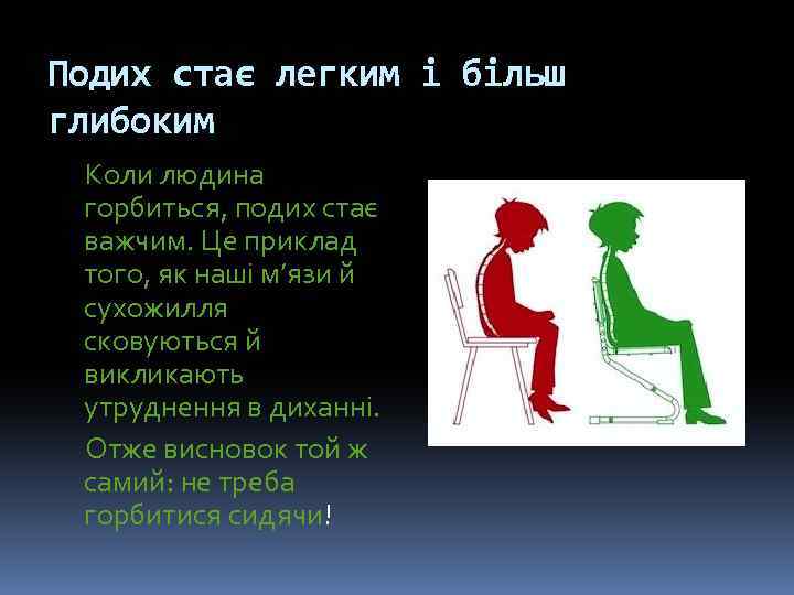 Подих стає легким і більш глибоким Коли людина горбиться, подих стає важчим. Це приклад