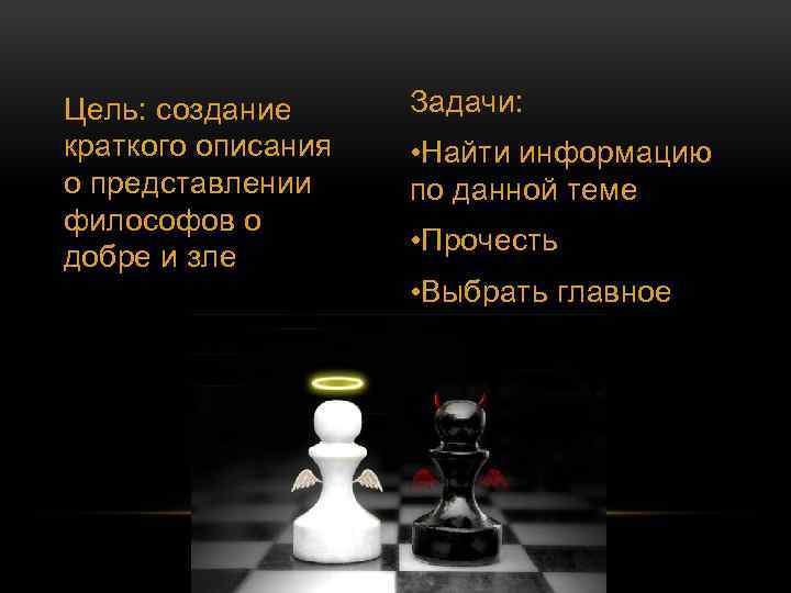Цель: создание краткого описания о представлении философов о добре и зле Задачи: • Найти