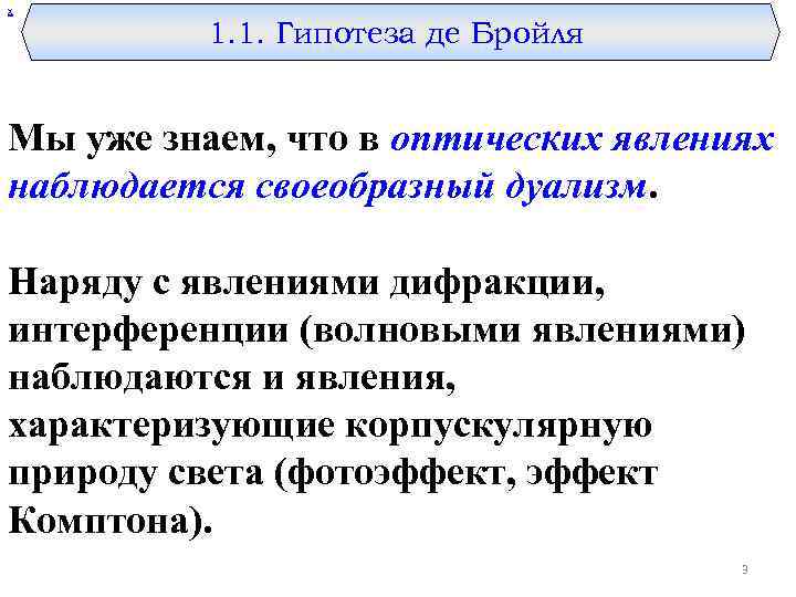 х 1. 1. Гипотеза де Бройля Мы уже знаем, что в оптических явлениях наблюдается