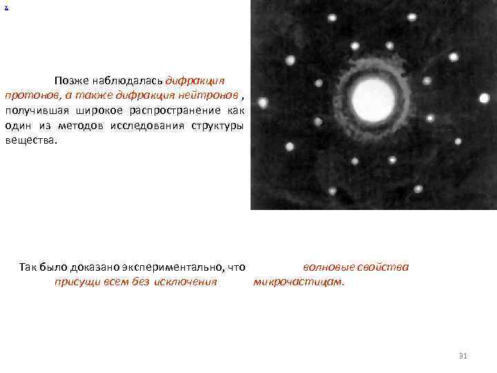 х Позже наблюдалась дифракция протонов, а также дифракция нейтронов , получившая широкое распространение как