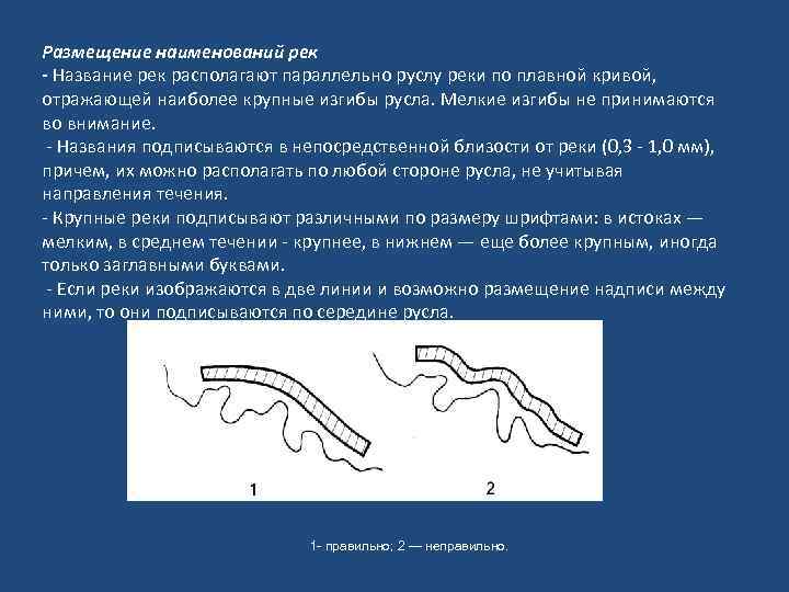 Размещение наименований рек - Название рек располагают параллельно руслу реки по плавной кривой, отражающей