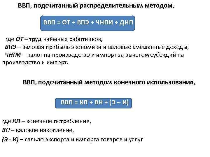 ВВП, подсчитанный распределительным методом, ВВП = ОТ + ВПЭ + ЧНПИ + ДНП где