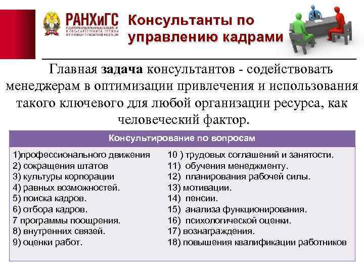 Консультанты по управлению кадрами Главная задача консультантов - содействовать менеджерам в оптимизации привлечения и