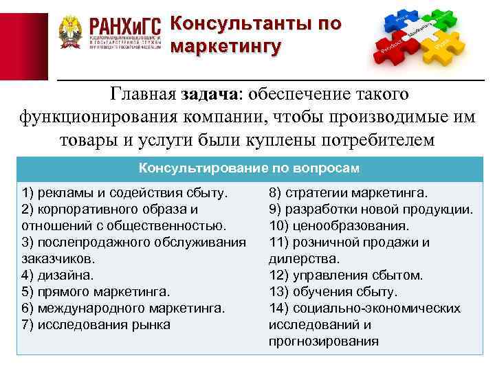 Консультанты по маркетингу Главная задача: обеспечение такого функционирования компании, чтобы производимые им товары и