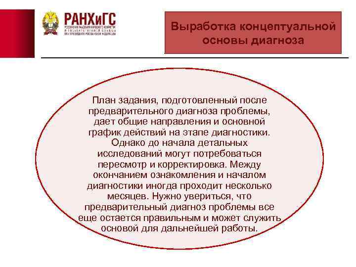 Выработка концептуальной основы диагноза План задания, подготовленный после предварительного диагноза проблемы, дает общие направления