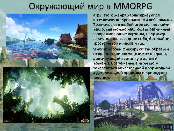Окружающий мир в MMORPG Игры этого жанра характеризуются фантастически прекрасными пейзажами. Практически в любой