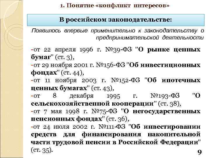 1. Понятие «конфликт интересов» В российском законодательстве: Появилось впервые применительно к законодательству о предпринимательской