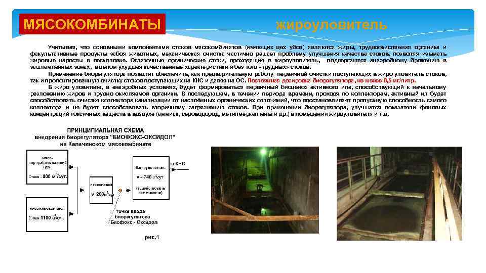 МЯСОКОМБИНАТЫ жироуловитель Учитывая, что основными компонентами стоков мясокомбинатов (имеющих цех убоя) являются жиры, трудноокисляемая