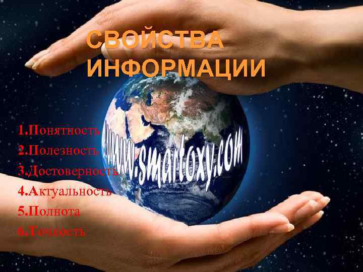 СВОЙСТВА ИНФОРМАЦИИ 1. Понятность 2. Полезность 3. Достоверность 4. Актуальность 5. Полнота 6. Точность