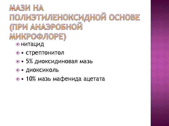  нитацид • стрептонитол • 5% диоксидиновая мазь • диоксиколь • 10% мазь мафенида