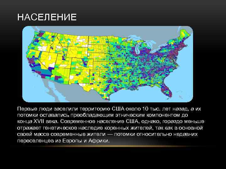 НАСЕЛЕНИЕ Первые люди заселили территорию США около 10 тыс. лет назад, а их потомки