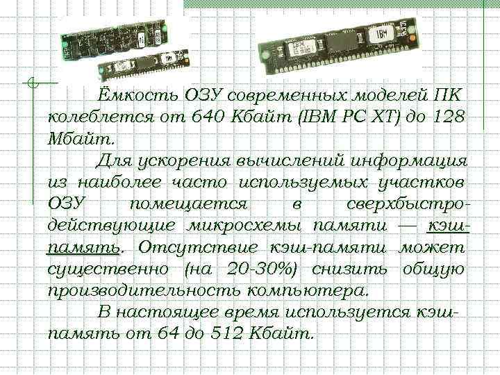 Ёмкость ОЗУ современных моделей ПК колеблется от 640 Кбайт (IBM PC XT) до 128