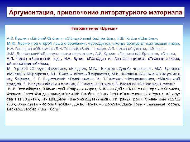 Аргументация, привлечение литературного материала Направление «Время» А. С. Пушкин «Евгений Онегин» , «Станционный смотритель»