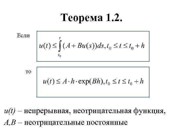 Теорема 1. 2. Если то u(t) – непрерывная, неотрицательная функция, A, B – неотрицательные