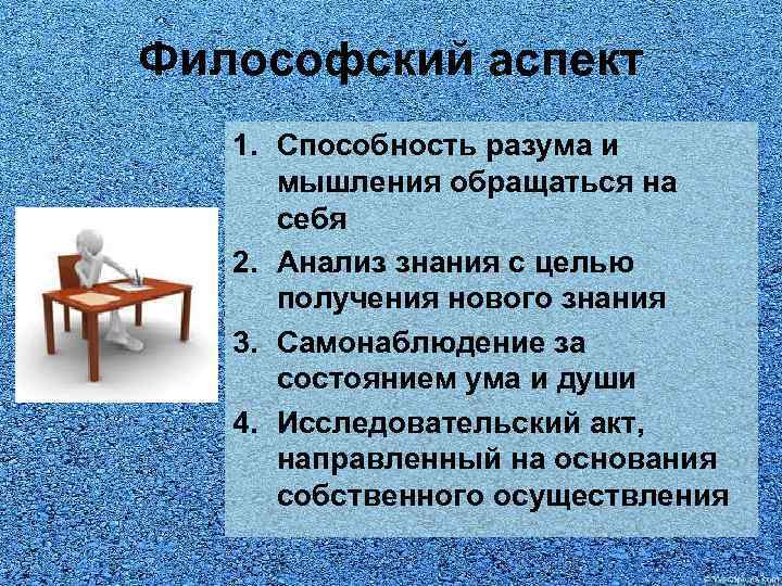 Философский аспект 1. Способность разума и мышления обращаться на себя 2. Анализ знания с