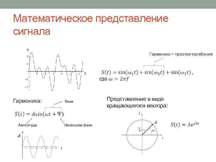 Математическое представление сигнала v Гармоника = простое колебание t Фаза Представление в виде вращающегося